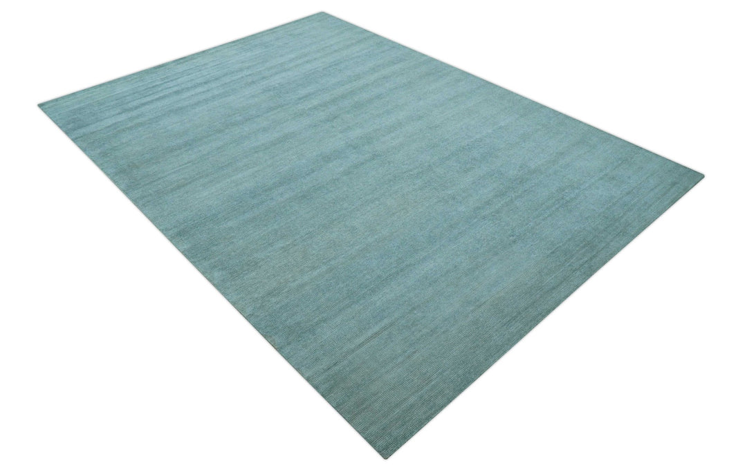 Blue Modern Solid Low Pile Hand Knotted 10x14 Bamboo Silk Area Rug - The Rug Decor