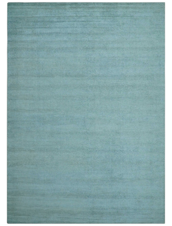 Blue Modern Solid Low Pile Hand Knotted 10x14 Bamboo Silk Area Rug - The Rug Decor