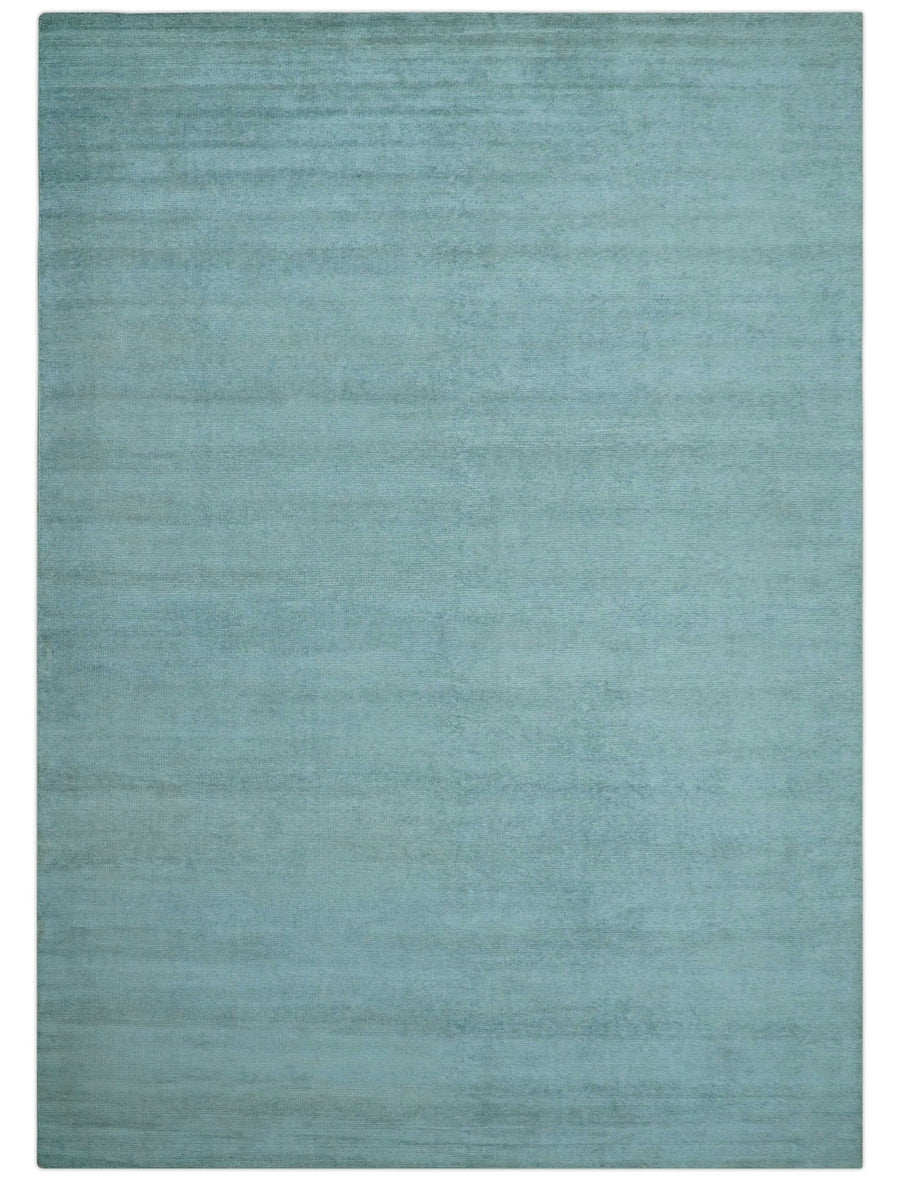 Blue Modern Solid Low Pile Hand Knotted 10x14 Bamboo Silk Area Rug - The Rug Decor