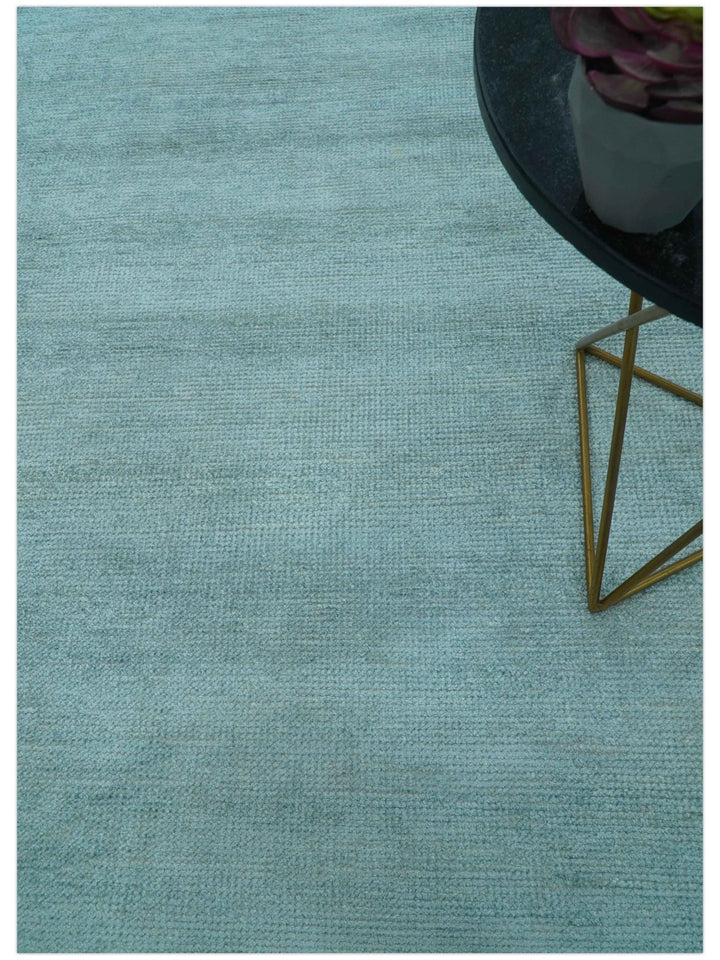 Blue Modern Solid Low Pile Hand Knotted 10x14 Bamboo Silk Area Rug - The Rug Decor
