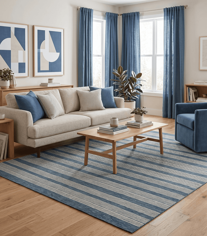 Blue Modern Stripes Pattern Hand Tufted Wool Area Rug - The Rug Decor