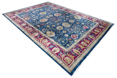 Blue, Purple and Tan Hand Knotted Traditional 9x12 Recycled Silk Area Rug - The Rug Decor