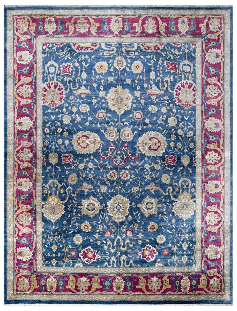 Blue, Purple and Tan Hand Knotted Traditional 9x12 Recycled Silk Area Rug - The Rug Decor