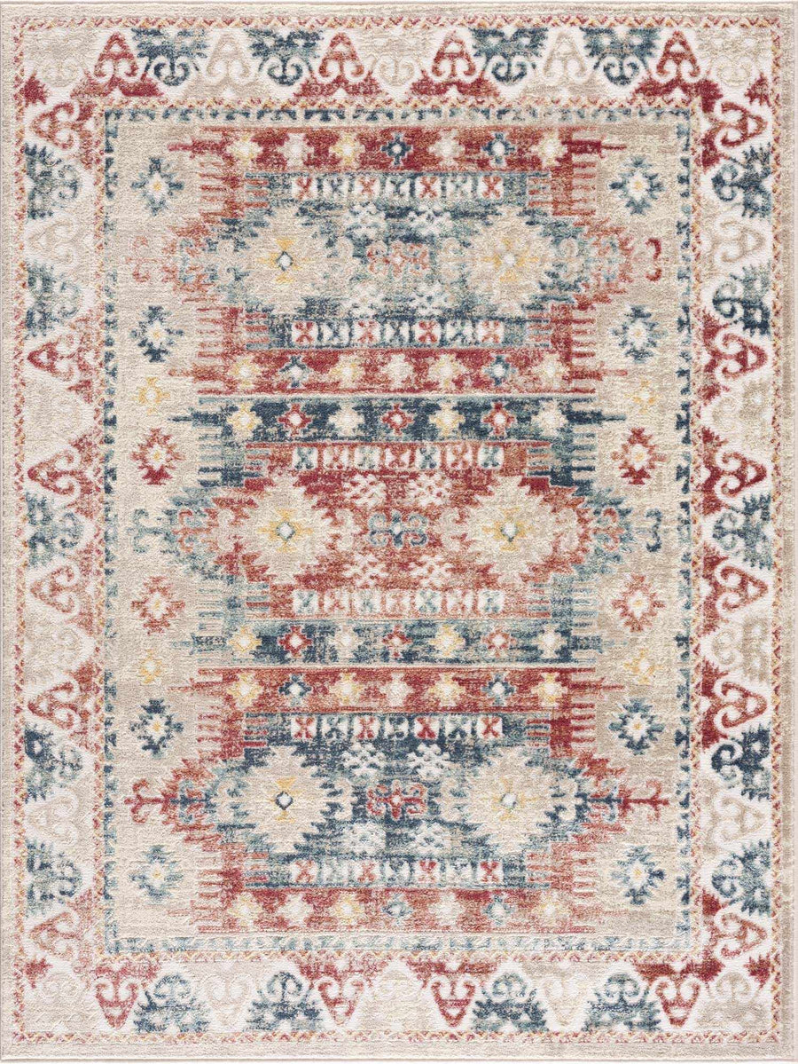 Blue, Rust and Beige Traditional oriental bohemian style area rug - The Rug Decor
