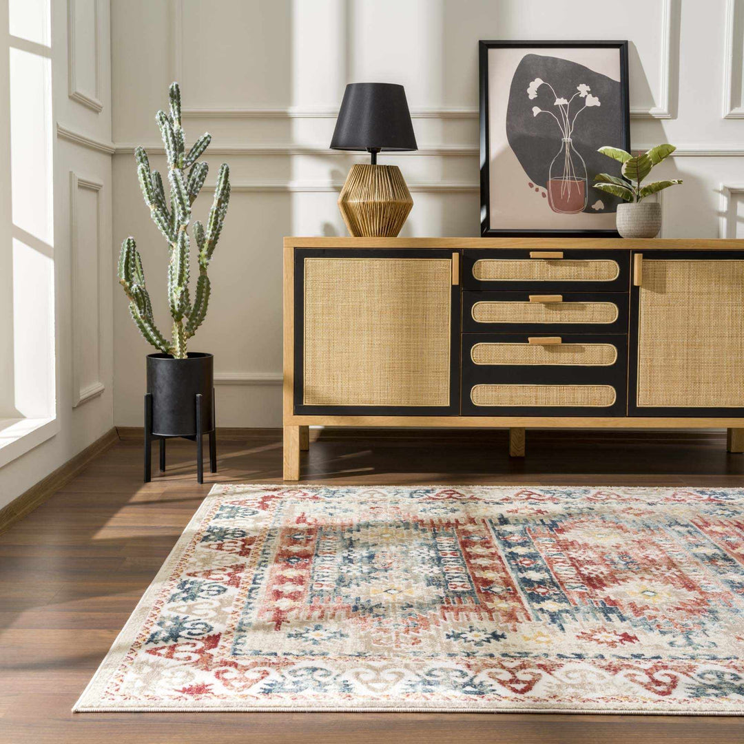 Blue, Rust and Beige Traditional oriental bohemian style area rug - The Rug Decor