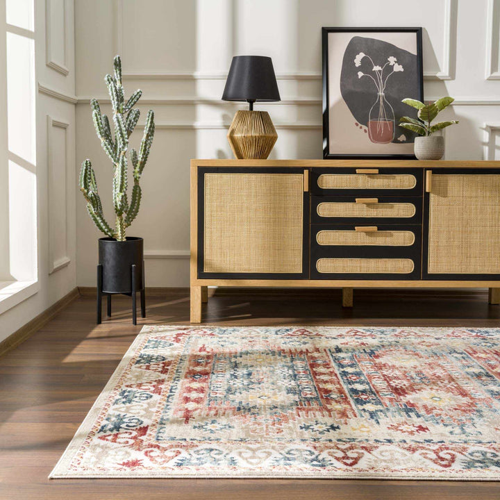 Blue, Rust and Beige Traditional oriental bohemian style area rug - The Rug Decor