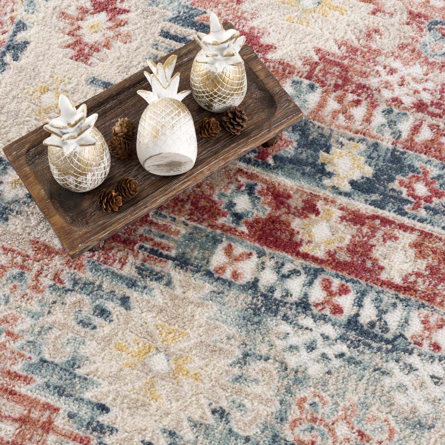 Blue, Rust and Beige Traditional oriental bohemian style area rug - The Rug Decor