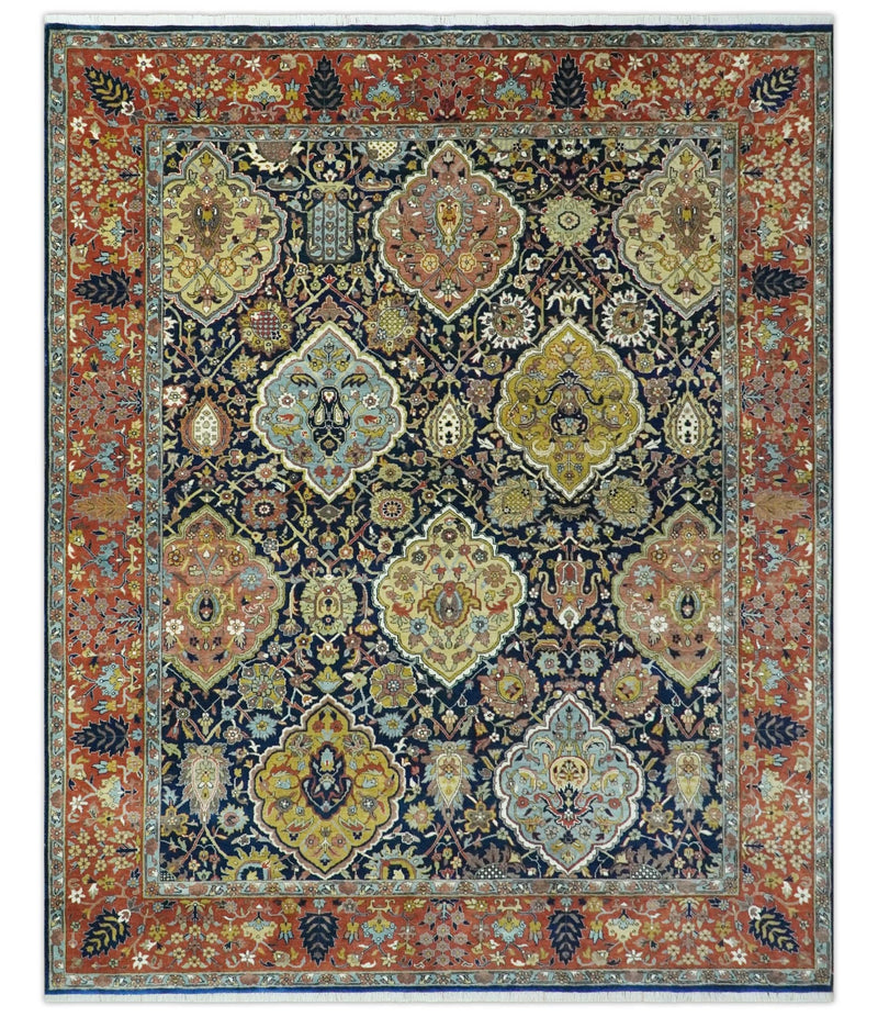 Blue, Rust and Mustard Traditional Large Design 8.4x10 fine wool area rug - The Rug Decor