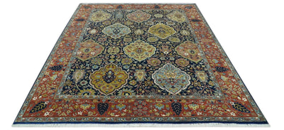 Blue, Rust and Mustard Traditional Large Design 8.4x10 fine wool area rug - The Rug Decor