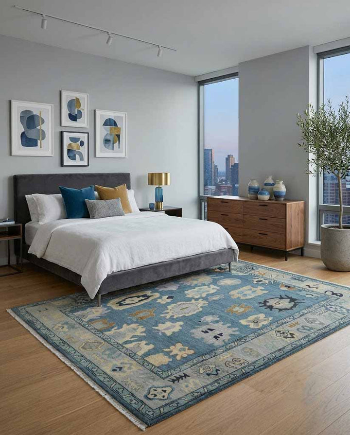 Blue, Silver and Beige Hand knotted Traditional Oushak Multi Size Wool Area Rug - The Rug Decor