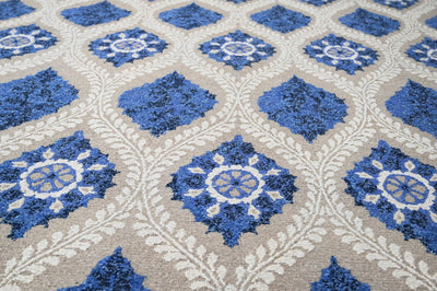 Blue, Tan and Ivory Hand - Knotted Sumac Weave Traditional Ikat Design 8.6x11.6 wool Area Rug - The Rug Decor