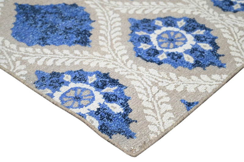 Blue, Tan and Ivory Hand - Knotted Sumac Weave Traditional Ikat Design 8.6x11.6 wool Area Rug - The Rug Decor