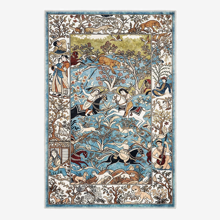 Blue Traditional Hunting Machine Washable Cotton Rug - The Rug Decor