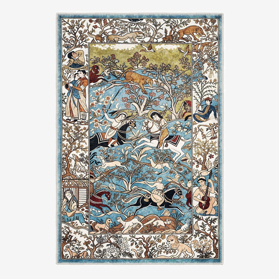 Blue Traditional Hunting Machine Washable Cotton Rug - The Rug Decor