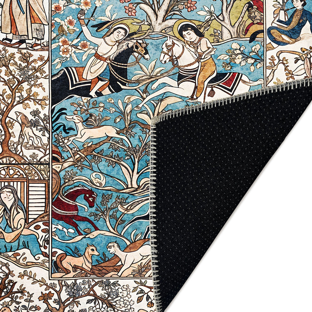 Blue Traditional Hunting Machine Washable Cotton Rug - The Rug Decor