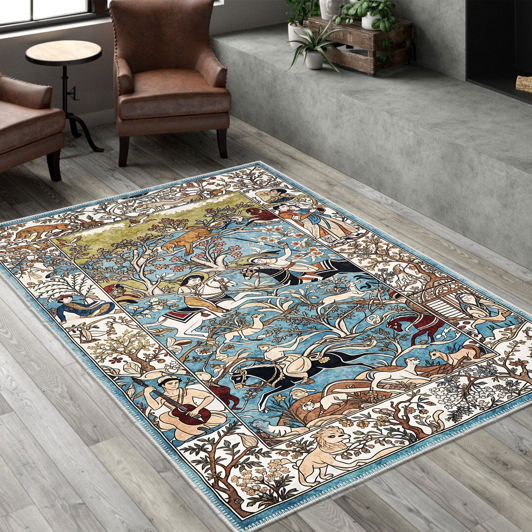 Blue Traditional Hunting Machine Washable Cotton Rug - The Rug Decor