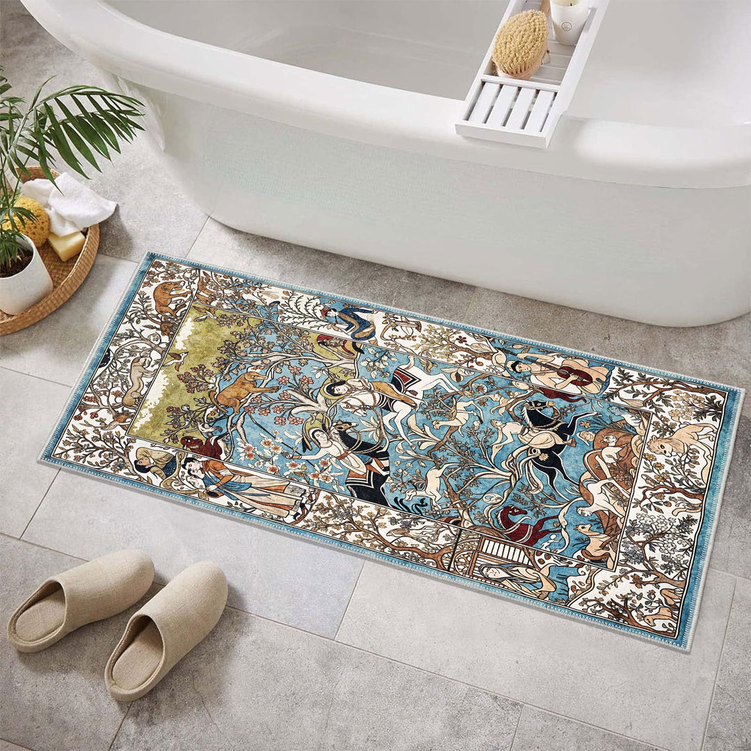 Blue Traditional Hunting Machine Washable Cotton Rug - The Rug Decor