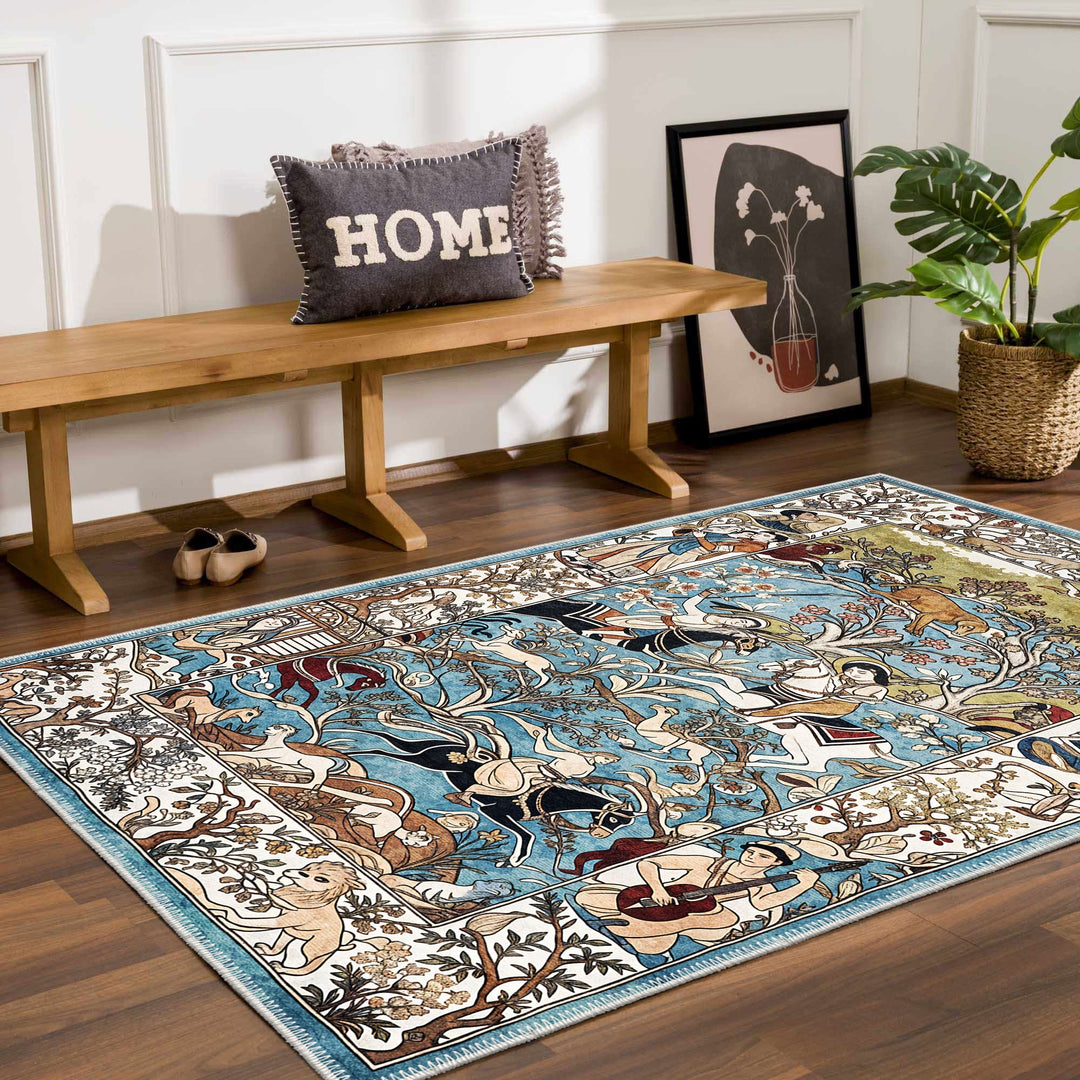 Blue Traditional Hunting Machine Washable Cotton Rug - The Rug Decor