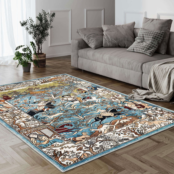Blue Traditional Hunting Machine Washable Cotton Rug - The Rug Decor