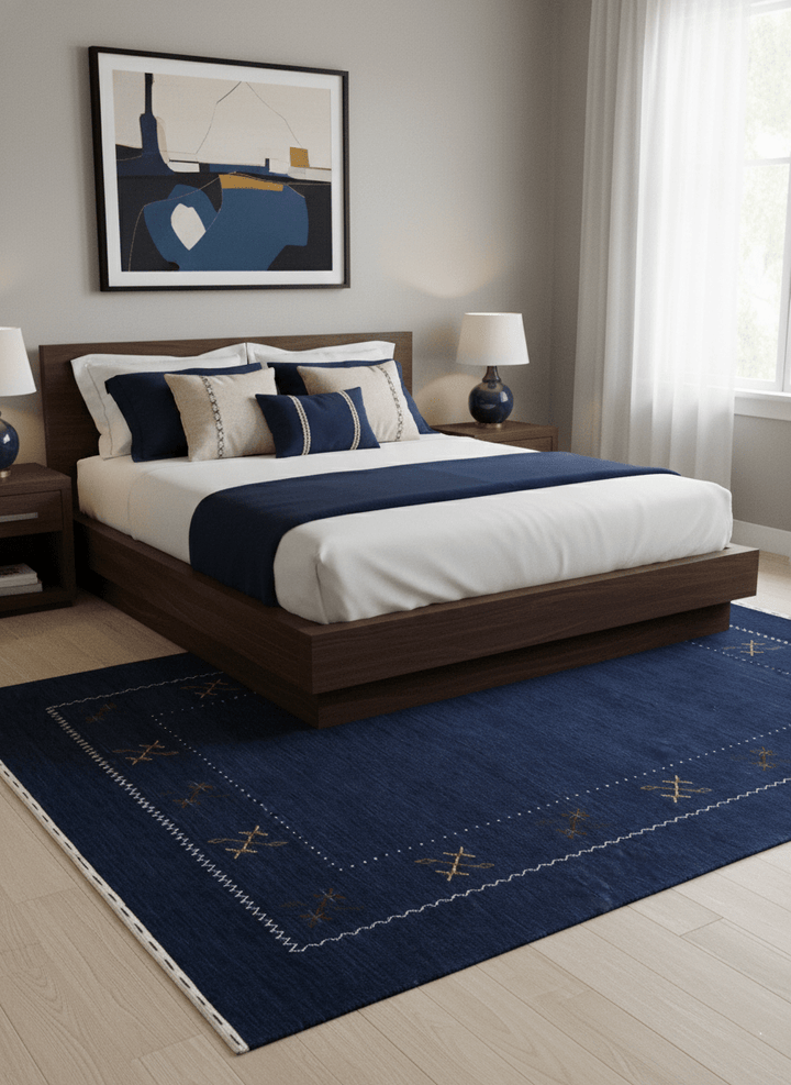 Blue Tribal Border Design Hand Loomed Wool Area Rug - The Rug Decor