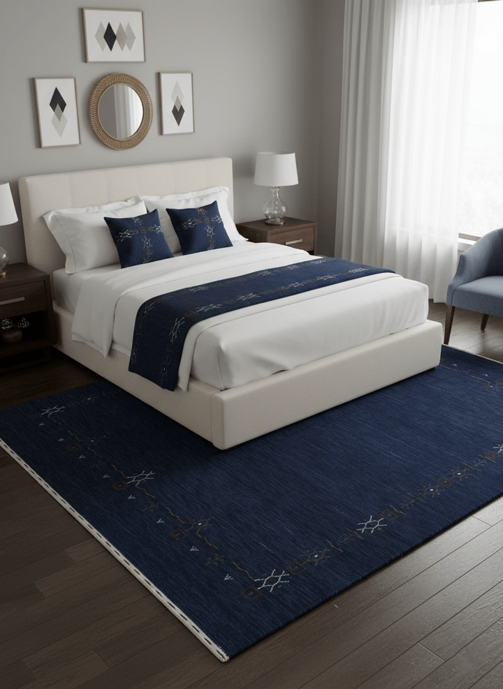 Blue Tribal Border Design Hand Loomed Wool Area Rug - The Rug Decor