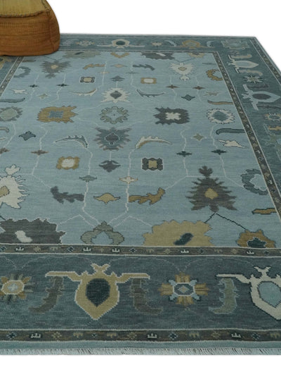 Bluish Gray and Aqua Hand knotted Oriental Oushak Custom Made wool Area Rug - The Rug Decor