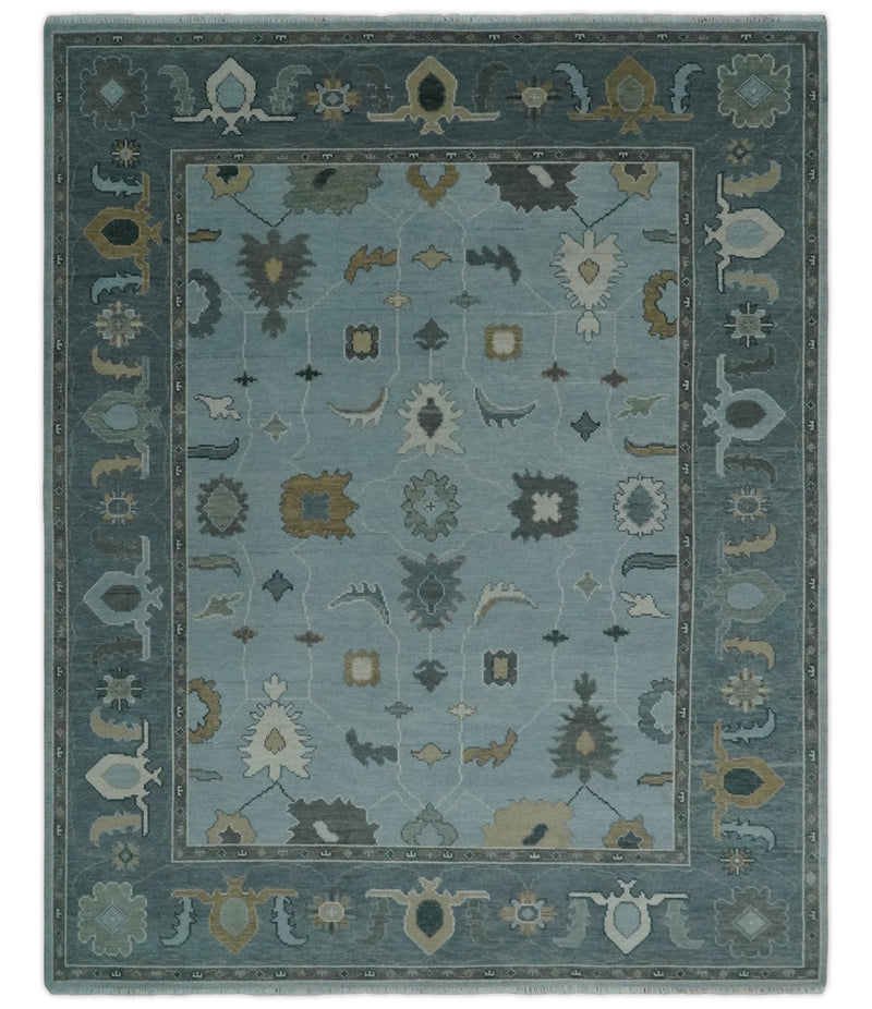 Bluish Gray and Aqua Hand knotted Oriental Oushak Custom Made wool Area Rug - The Rug Decor