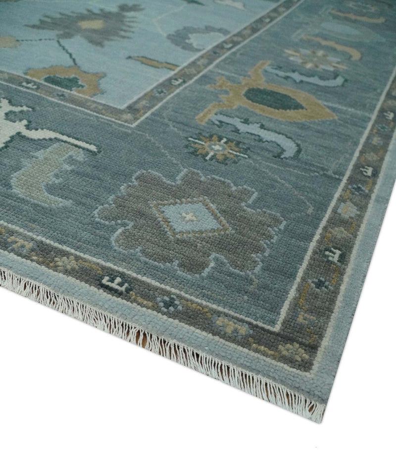 Bluish Gray and Aqua Hand knotted Oriental Oushak Custom Made wool Area Rug - The Rug Decor