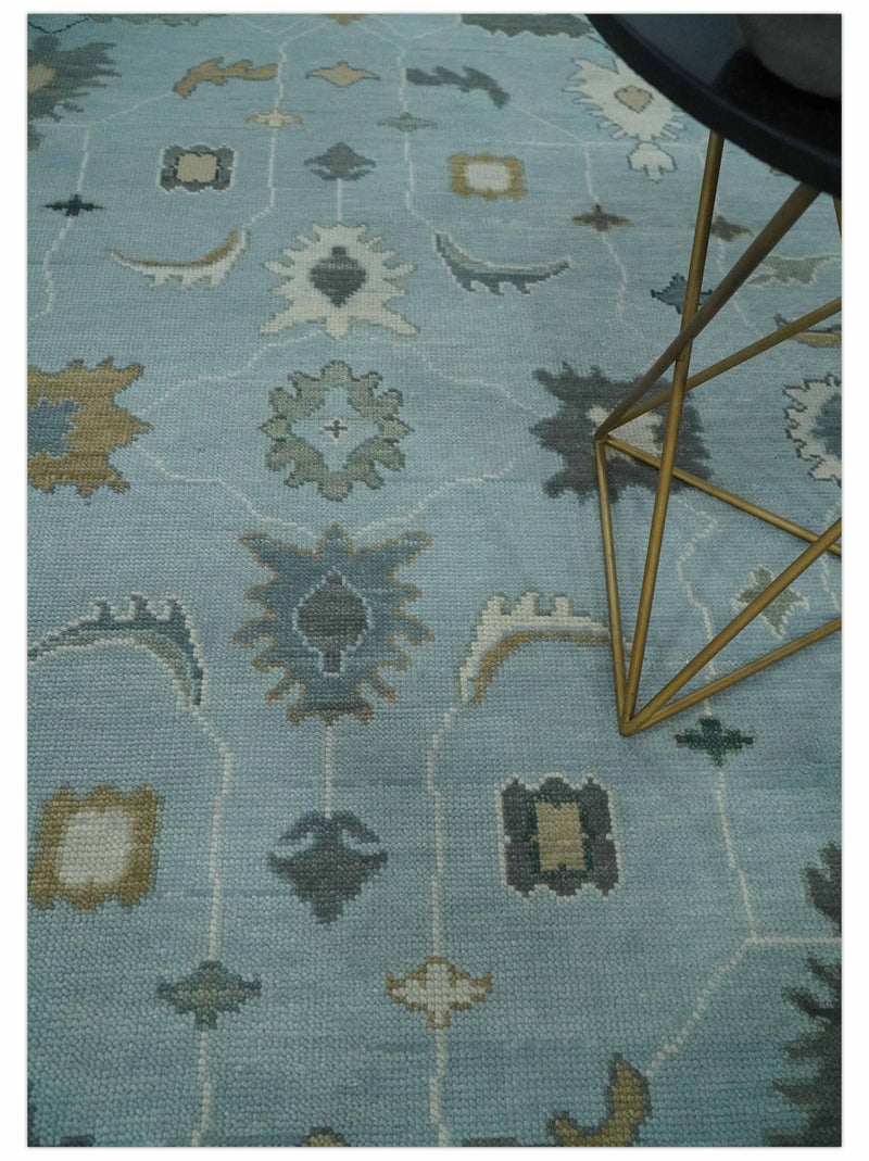 Bluish Gray and Aqua Hand knotted Oriental Oushak Custom Made wool Area Rug - The Rug Decor