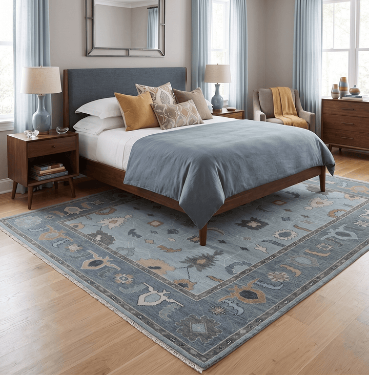 Bluish Gray and Aqua Hand knotted Oriental Oushak Custom Made wool Area Rug - The Rug Decor