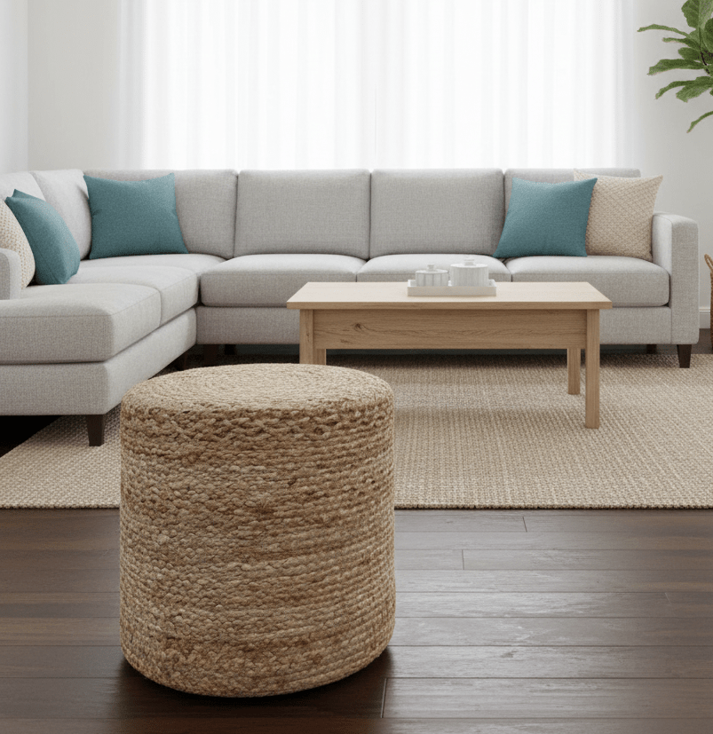 Boho Natural Brown Jute Round Pouf - The Rug Decor