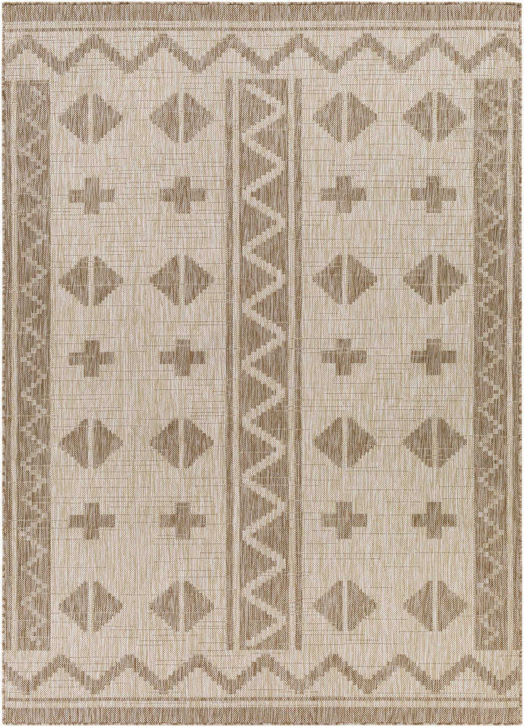Beige modern area rug with geometric pattern border and diamond motifs