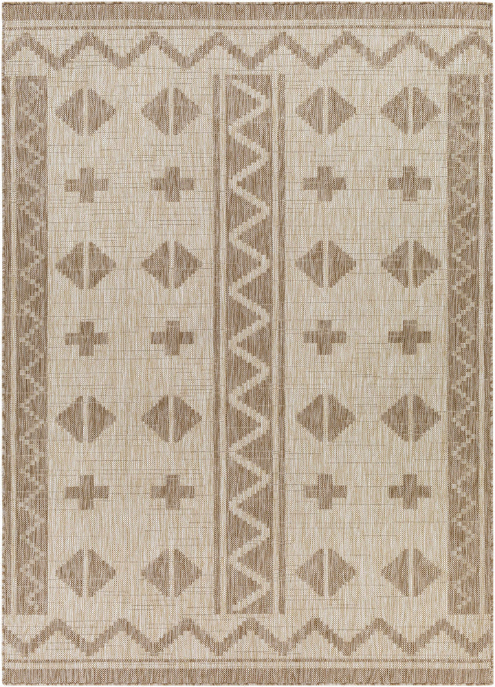 Beige modern area rug with geometric pattern border and diamond motifs