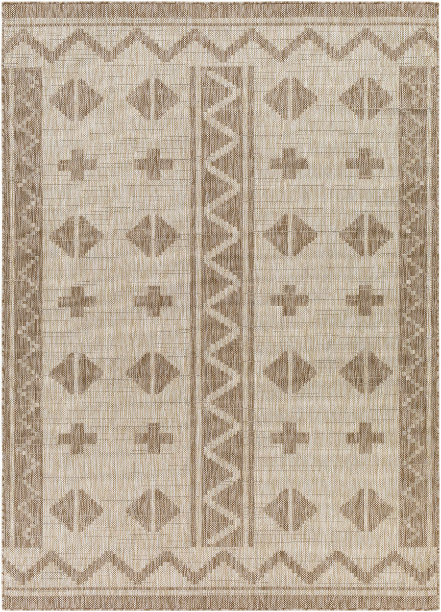 Beige modern area rug with geometric pattern border and diamond motifs