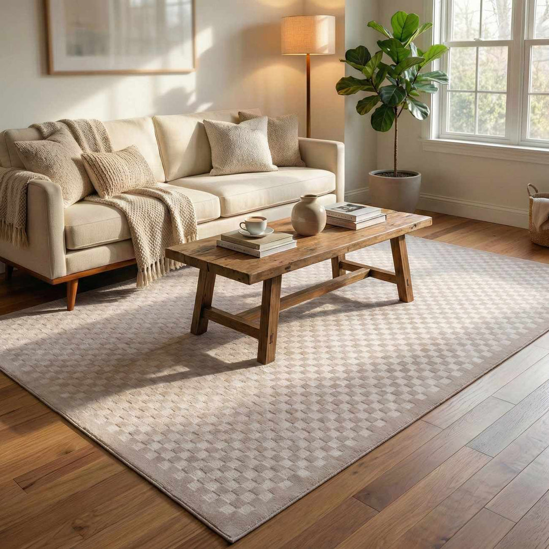 Gaiwan Modern Checkered Pattern Cream Washable Area Rug