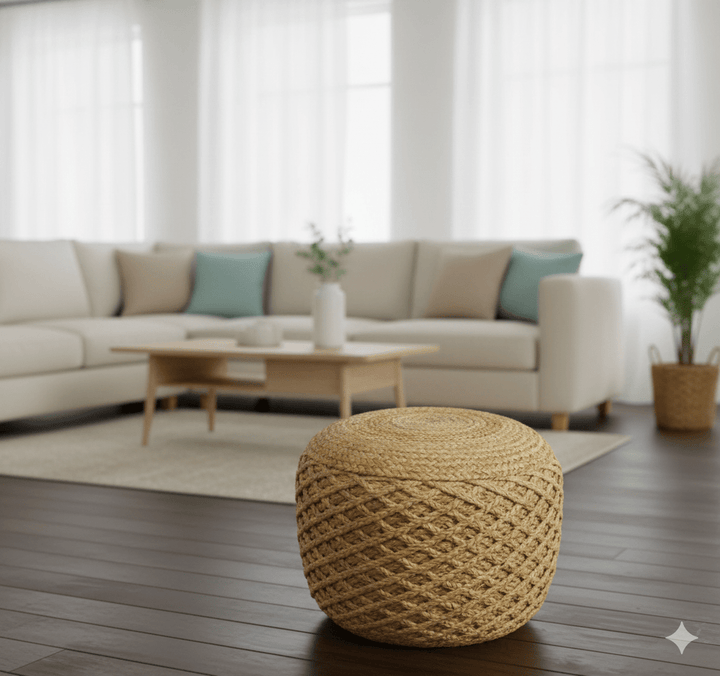 Braided Farmhouse round Pouf Natural Brown - The Rug Decor