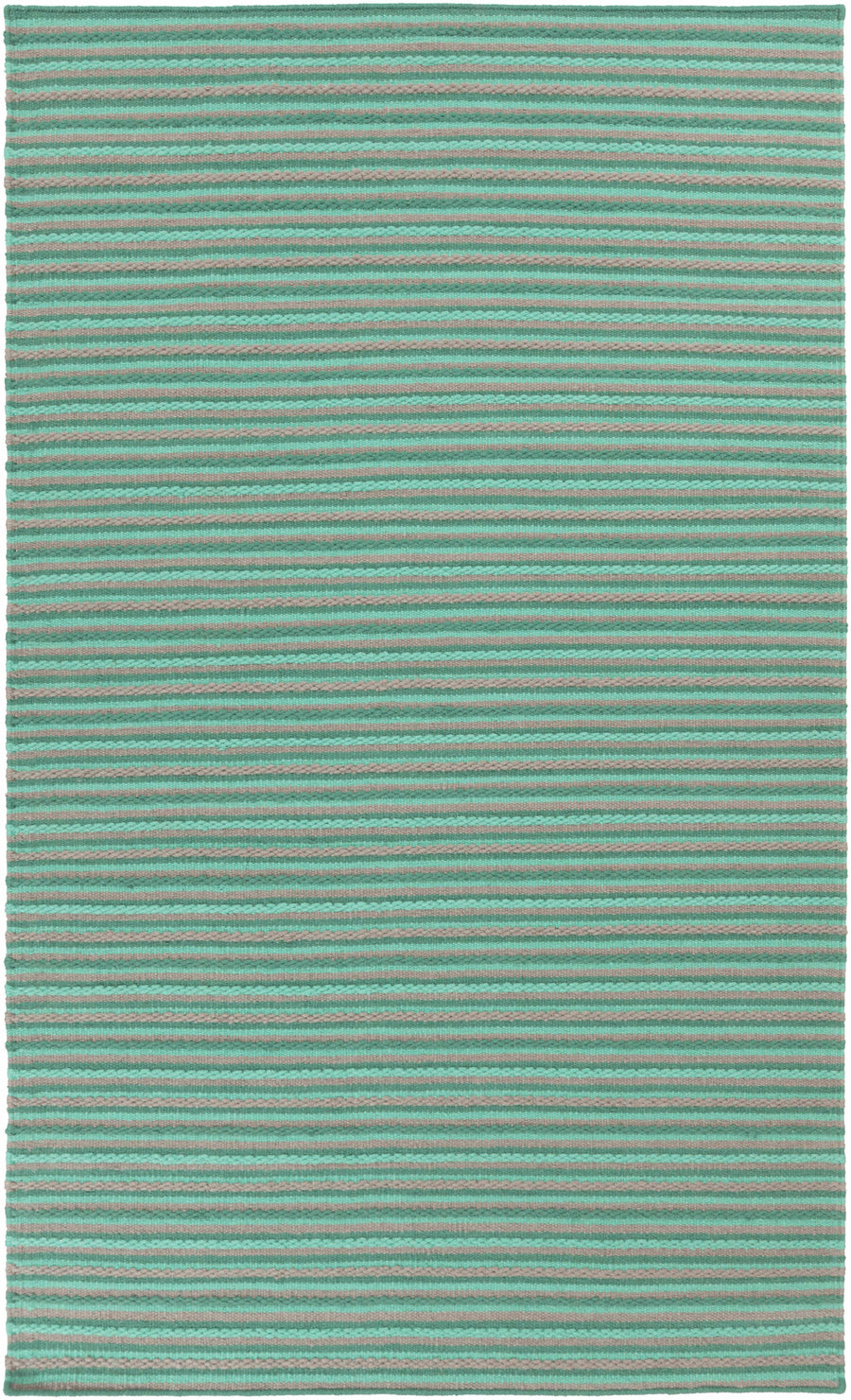Green hand-woven area rug with thin multicolor horizontal stripes
