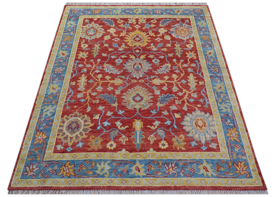 Brickle Red And Blue Traditional Hand Knotted Wool Area Rug - The Rug Decor