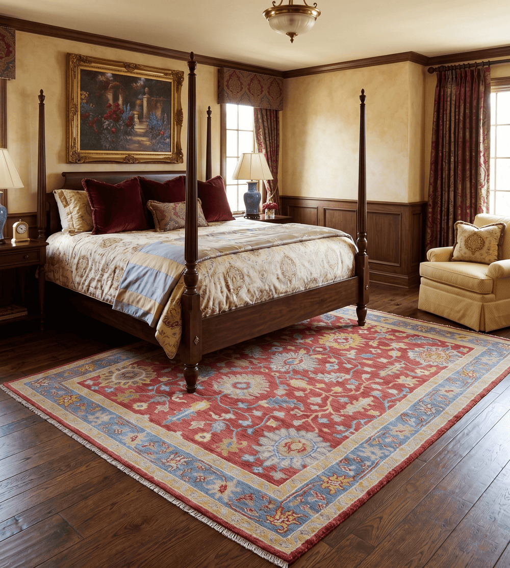 Brickle Red And Blue Traditional Hand Knotted Wool Area Rug - The Rug Decor