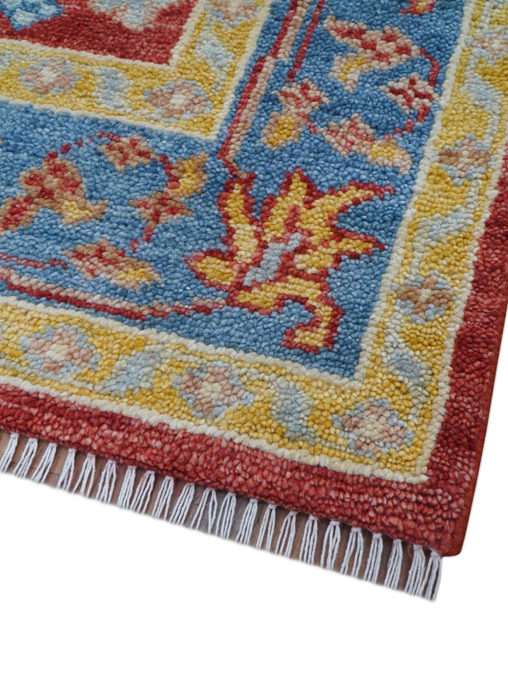 Brickle Red And Blue Traditional Hand Knotted Wool Area Rug - The Rug Decor