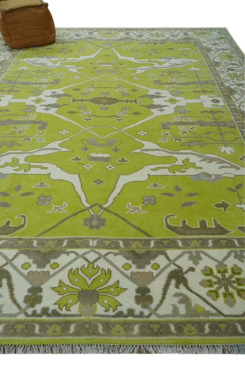 Bright Green and Ivory Hand knotted Oriental Oushak 9x12 wool Area Rug - The Rug Decor