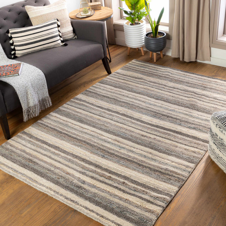 Burnage Modern Stripes Design Beige And Charcoal Hand Woven Area Rug