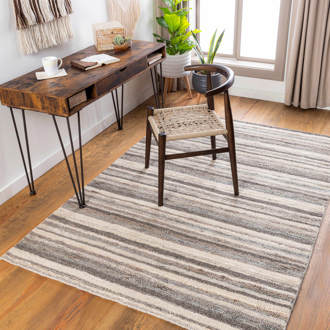 Burnage Modern Stripes Design Beige And Charcoal Hand Woven Area Rug
