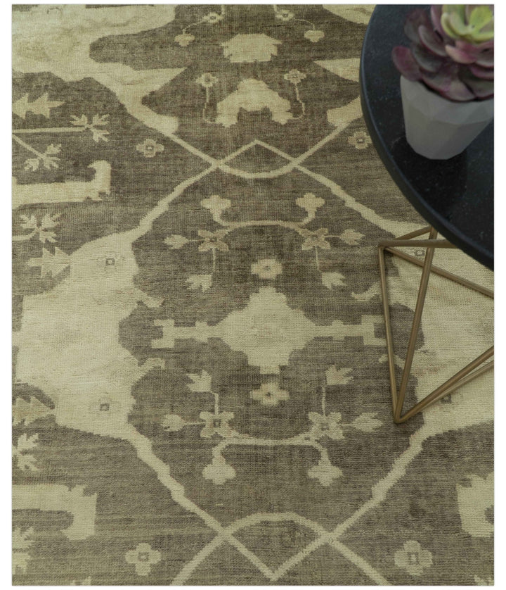 Brown And Beige Traditional Oushak Hand knotted Wool Area Rug - The Rug Decor