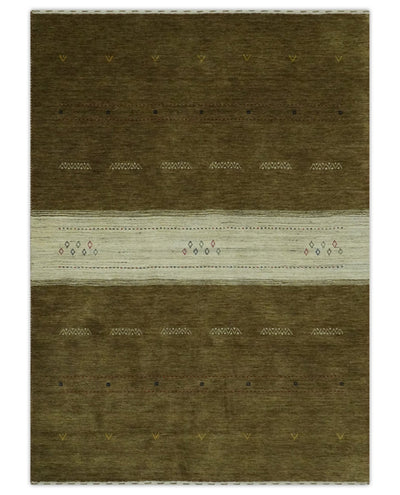 Brown and Ivory Geometrical Stripes Design Hand loom 4.6x6.6 wool Area Rug - The Rug Decor