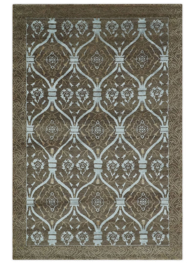 Brown and Ivory Traditional Ikat Design Hand knotted 6x9 wool and Art Silk Area Rug - The Rug Decor