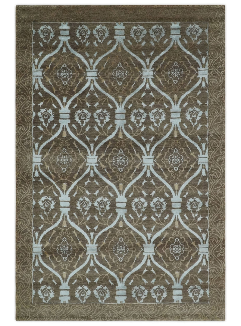 Brown and Ivory Traditional Ikat Design Hand knotted 6x9 wool and Art Silk Area Rug - The Rug Decor