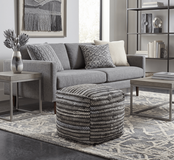 Brown And Silver Modern Stripes Pattern Jute Pouf - The Rug Decor
