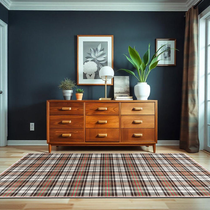 Brown And White Tartan Pattern Machine Washable Rug - The Rug Decor