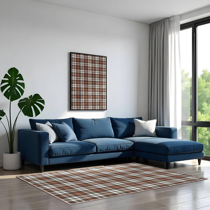 Brown And White Tartan Pattern Machine Washable Rug - The Rug Decor